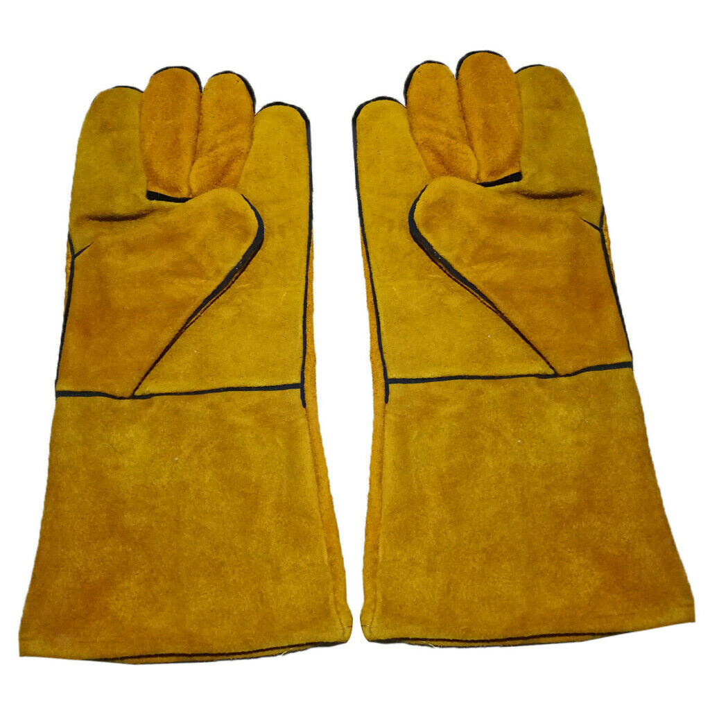 1 Pair Yellow Mig Welding Gauntlets Protective Gloves Heat Resistant Leather