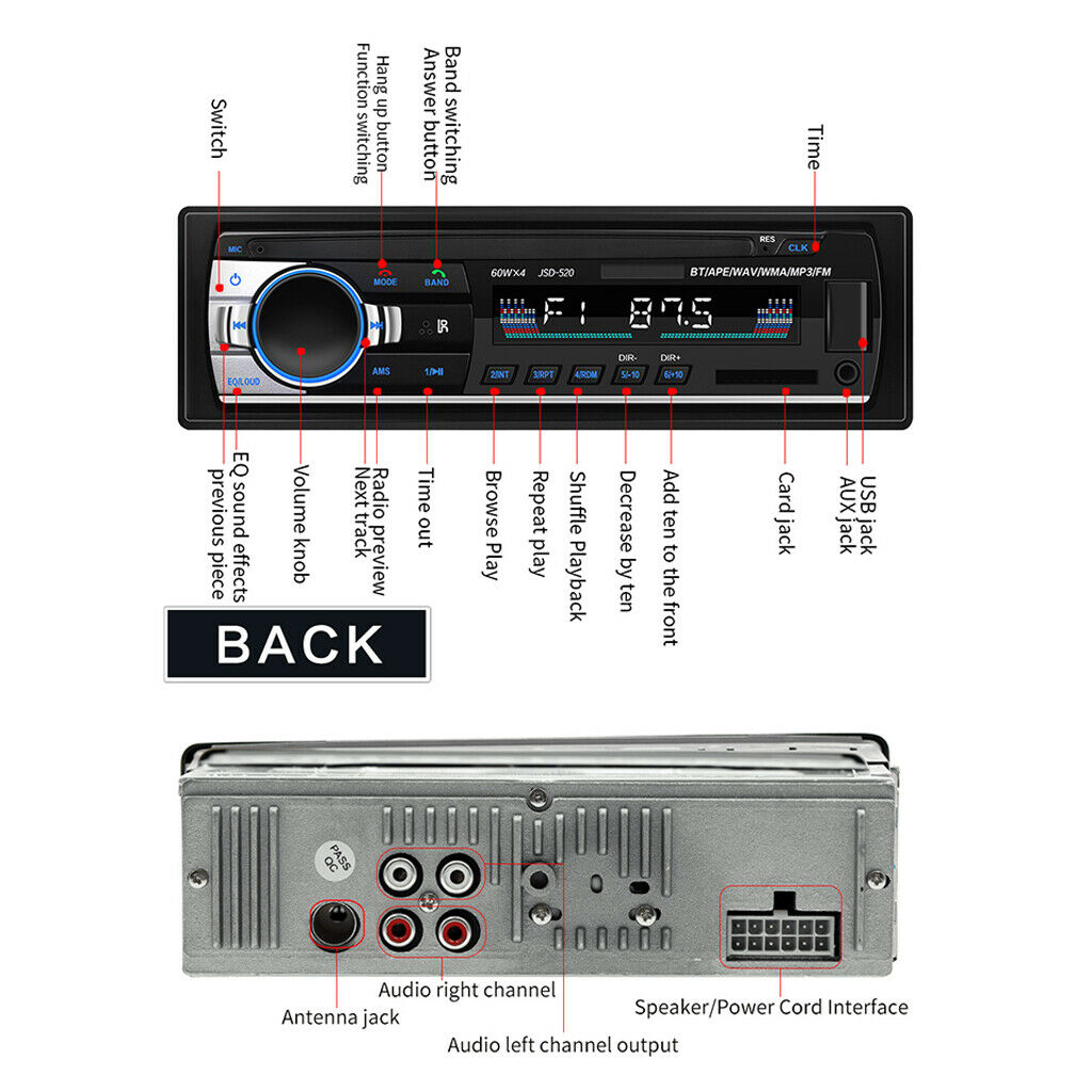 Car Bluetooth Autoradio Stereo Radio FM Aux Input Receiver SD USB