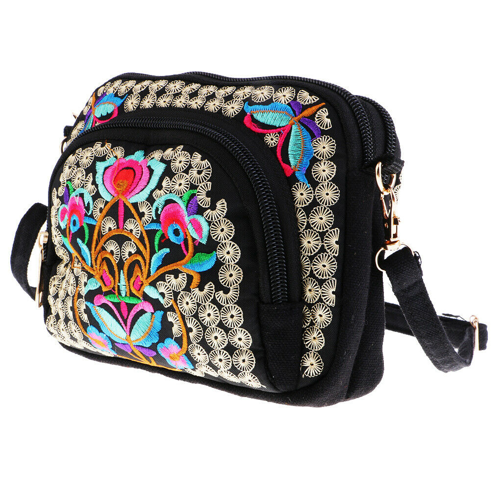 Ethnic Flower Embroidery Travel Single Shoulder Bag Handbag Double Faced