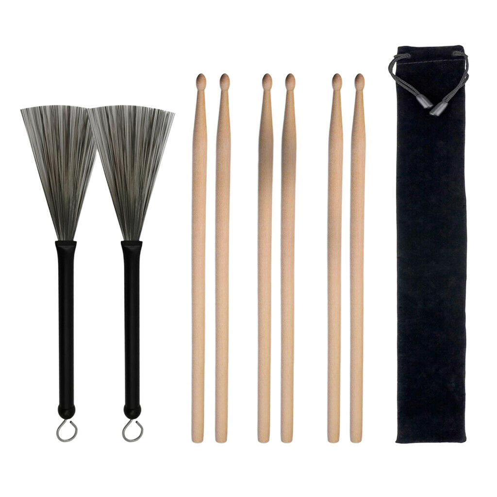 Drum Sticks 5A & 1 Pair Retractable Drum Wire Brushes w/ a Storage Bag