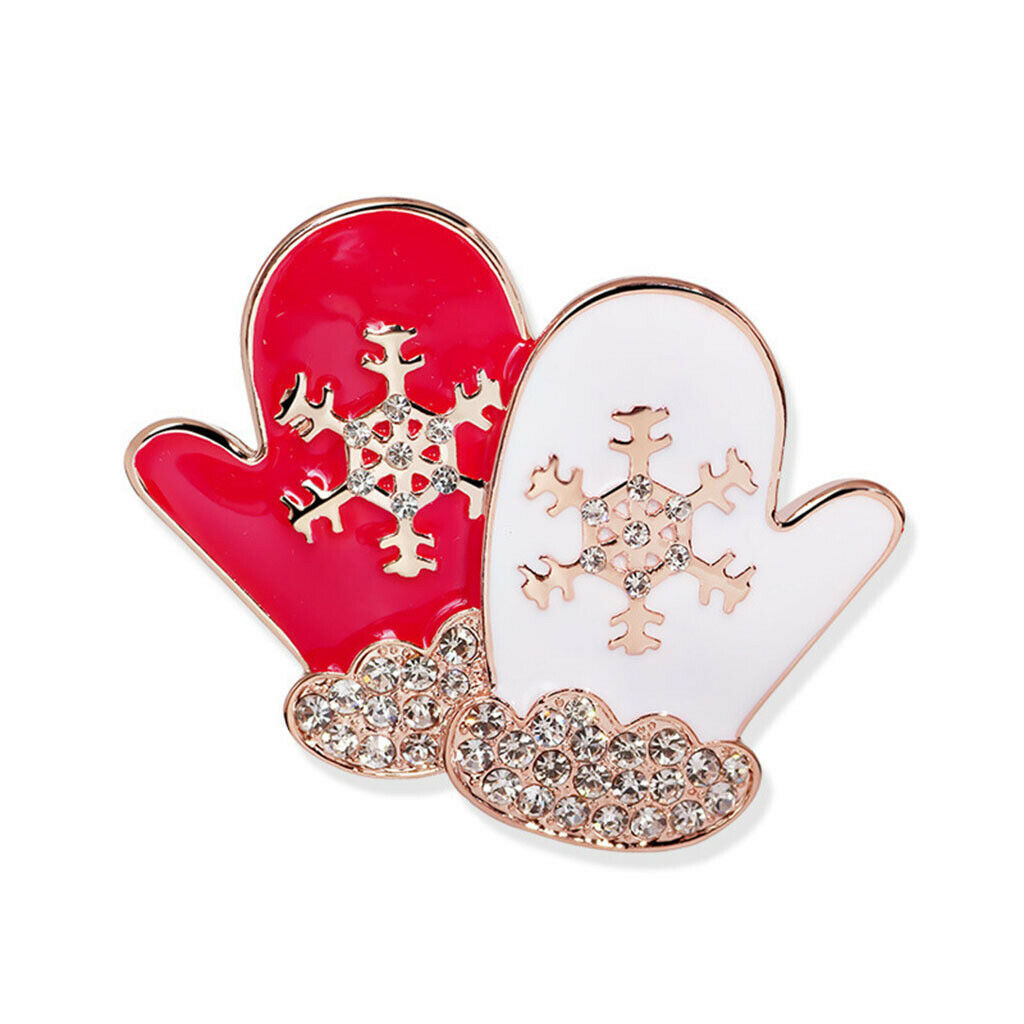 Chic Novel Red&White Enamel Christmas Snowflake Rhinestone Gloves Brooch Pin