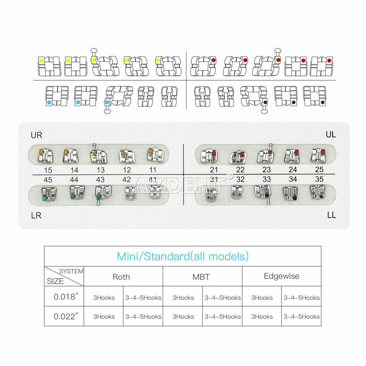 50Packs Dental Orthodontic Bracket Braces Mini MBT Slot.018" Hooks 3 AZDENT