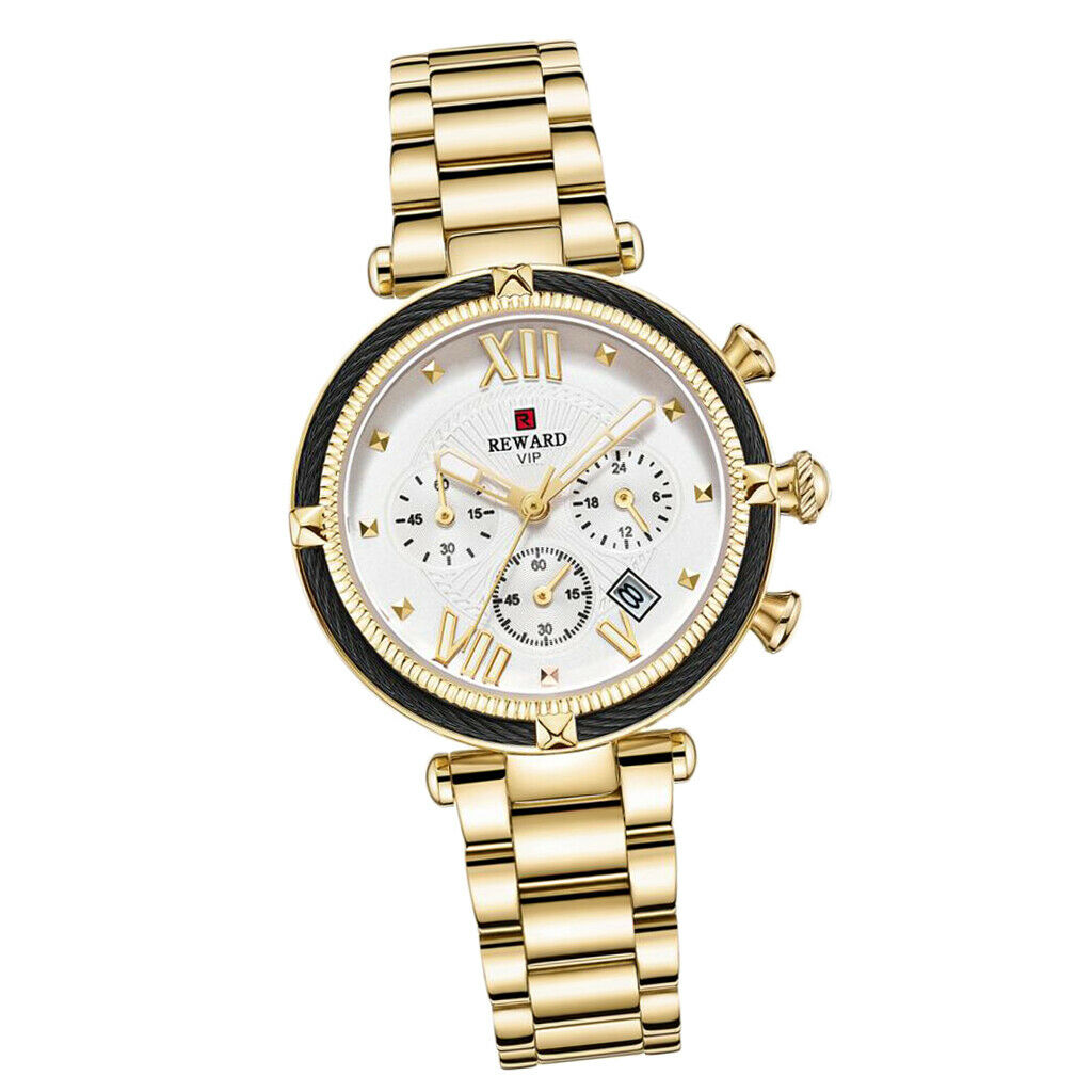 Women Chronograph Quartz Movement Watch Wristwatch Jewelry Golden