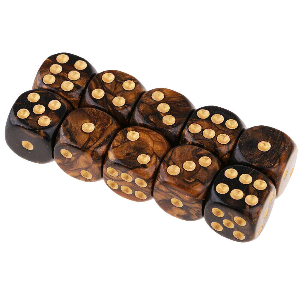 Set of 10 Six Sided Opaque D6 16mm Standard Dice Double Color Black&Golden