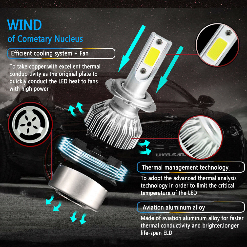 1Pair Car COB H7 C6 12000LM 72W LED Headlight Kit Hi/Lo Turbo Light 6000K Bulbs