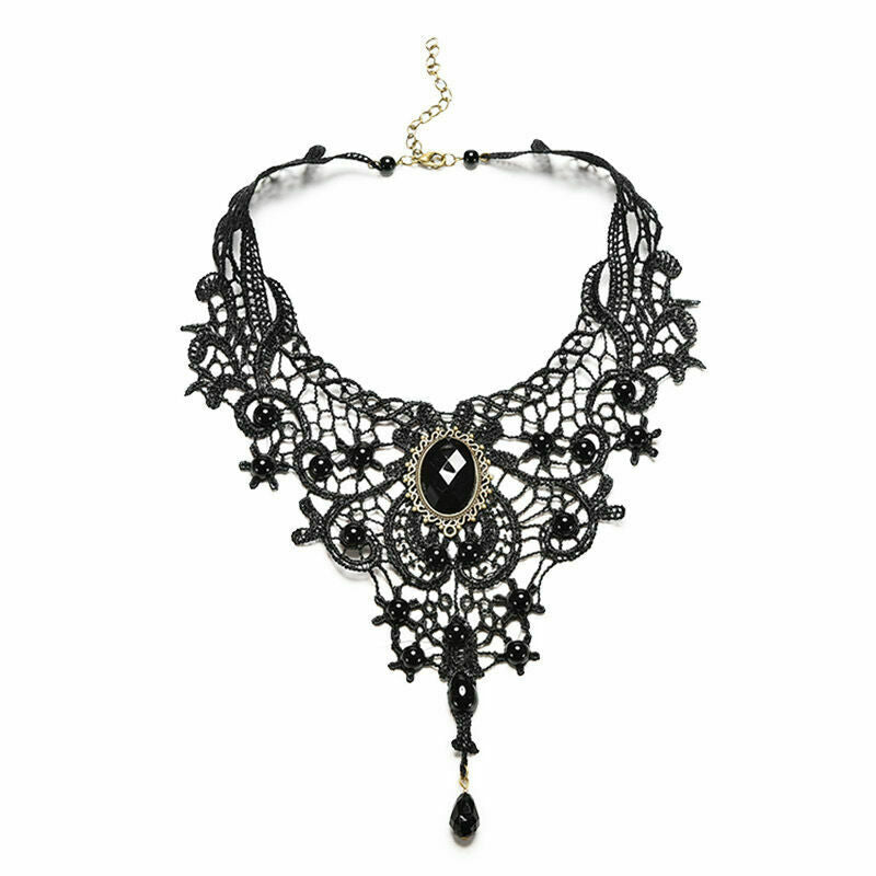 Black Lace&Bead Choker Victorian Steampunk Style Gothic Collar Necklace Gift XC