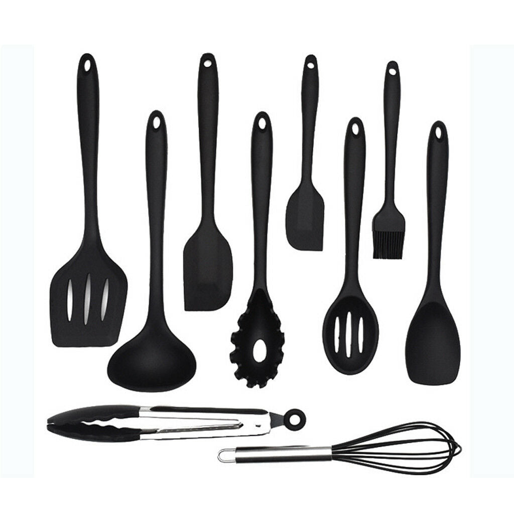 Household Silicone Cooking Kitchen Utensil Tools Spoon Spatula Black 10pcs