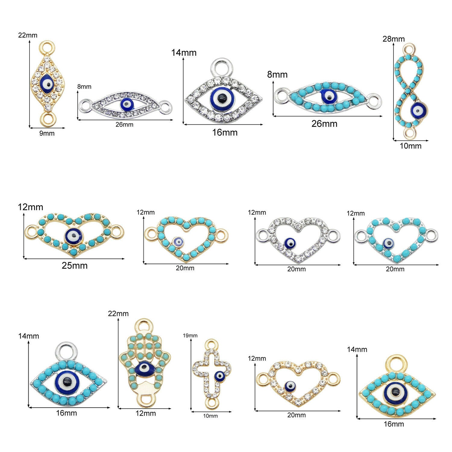 14PCS Assorted Alloy Evil Eye Enamel Charm Rhinestone Pendant Connector Jewelry