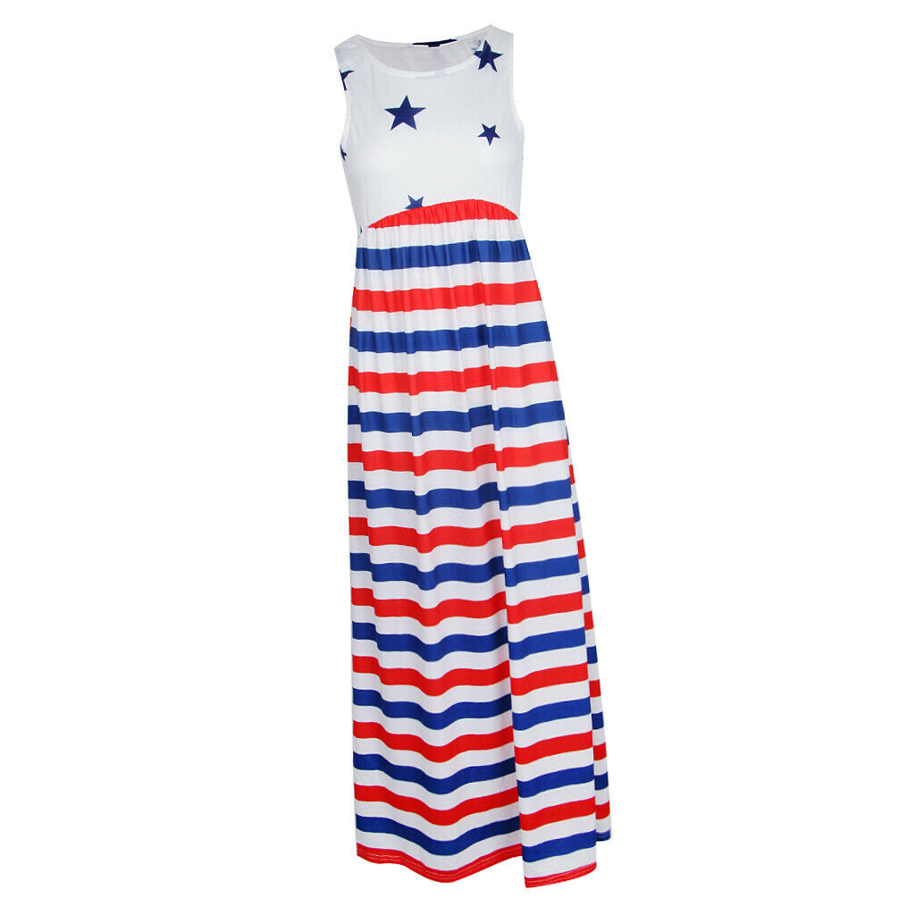 Women Casual Stars and Stripes Prints Sleeveless Maxi Tank Dress M Style 1