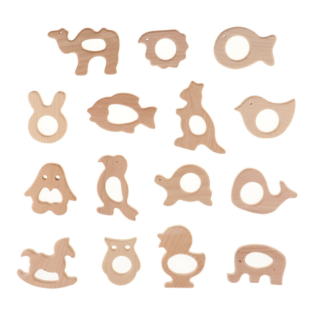 15pcs Wooden Animal Shape Teether for Baby Teething Toys Chew Nursing Gifts