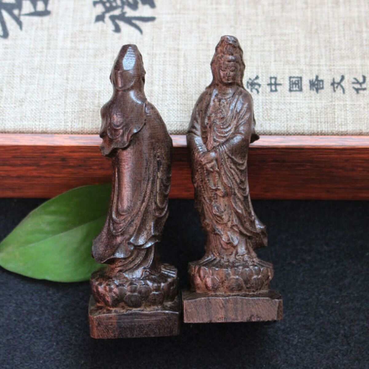 2PCS Sandalwood Carved Buddhism Guanyin Bodhisattva Manual Sculpture Home Decor