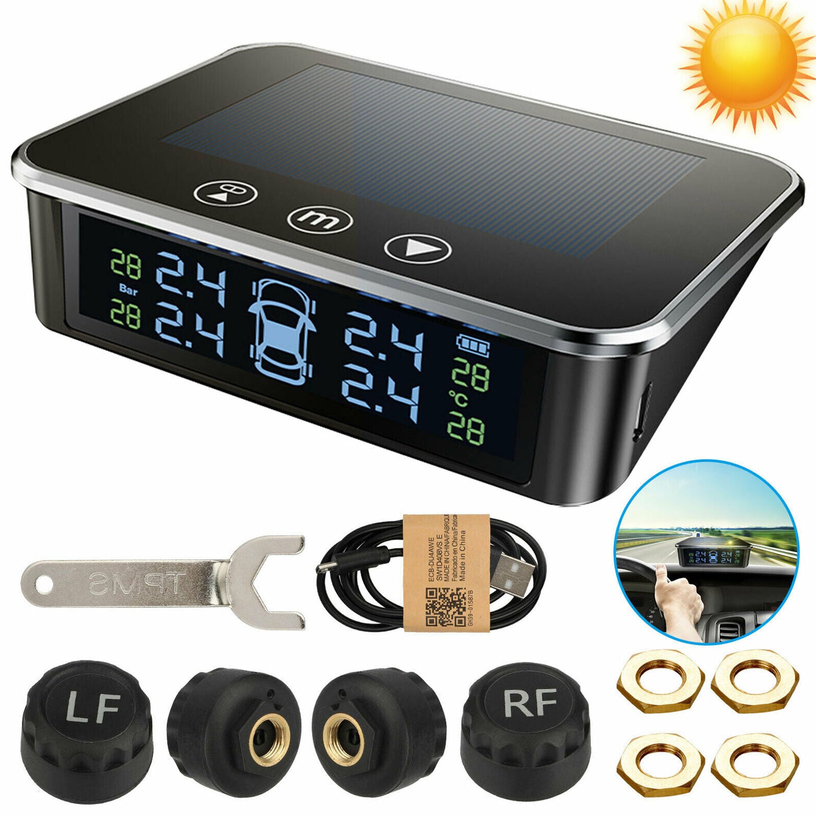 Wireless Touch Solar TPMS LCD Car Tire Pressure Monitoring System 4-Sensor Alarm