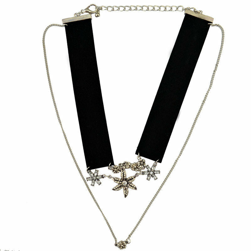 Double Chain Leather Collar Chain Choker Necklace Flower Crystal Pendant Jewelry