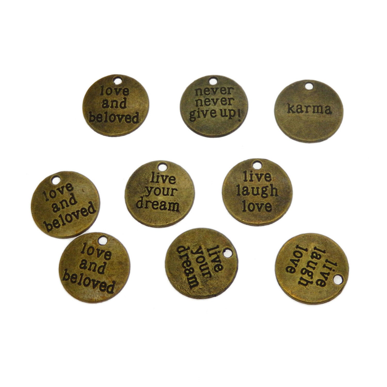 Lot of 5 Mix Antiqued Bronze Metal Alloy Engraved Round Tags Charms Pendants