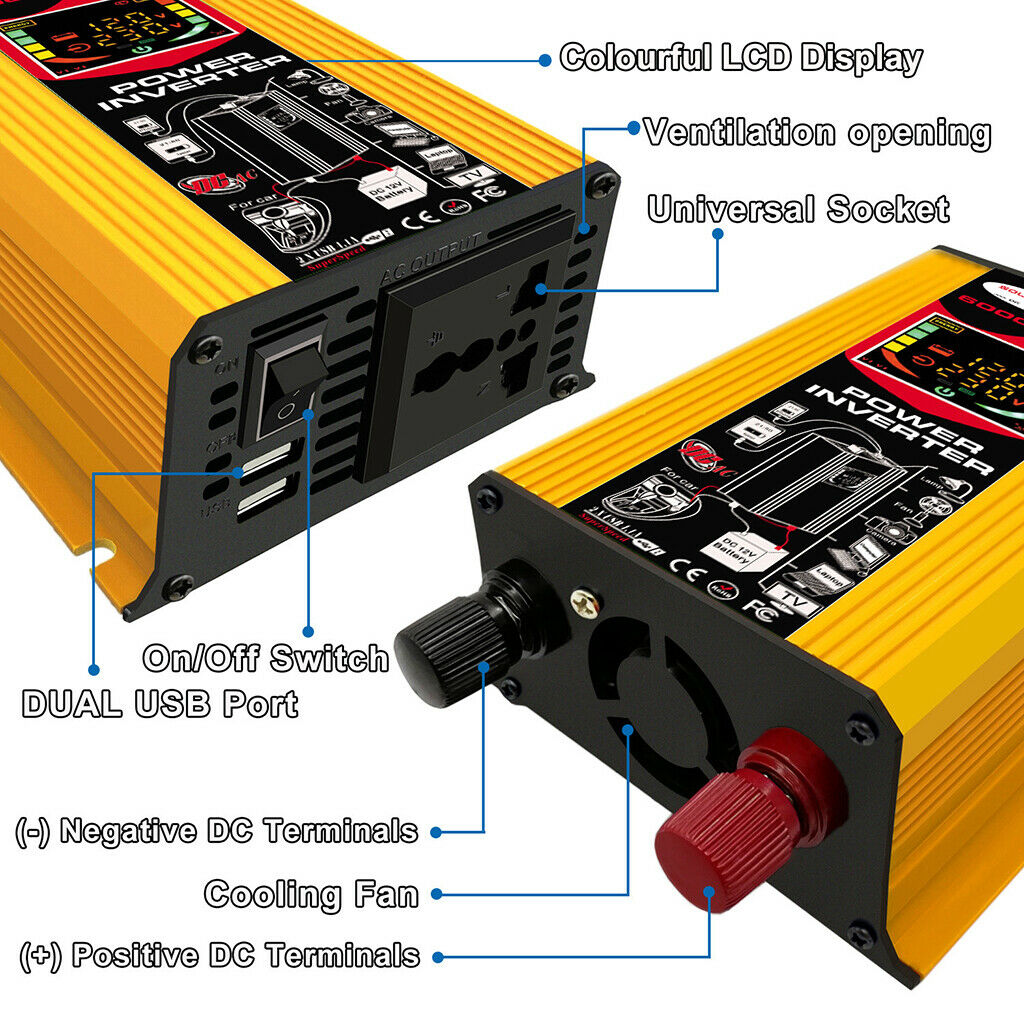 (6000W Peak) Car Power Inverter 12V to 110V Pure Sine Wave Converter Yellow