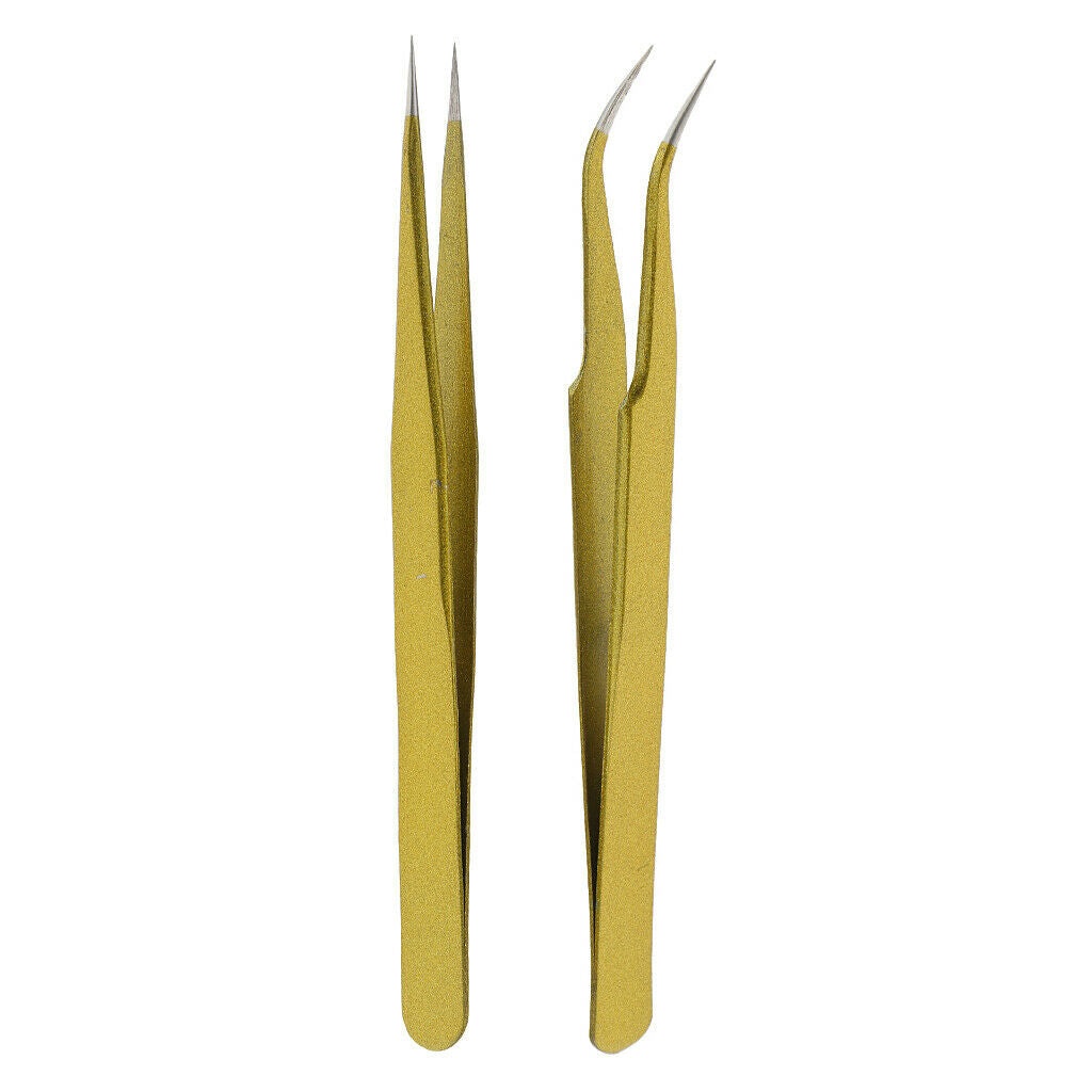 2 Pieces Curved + Right Stainless Steel Artificial Eyelash Extensions Tweezer