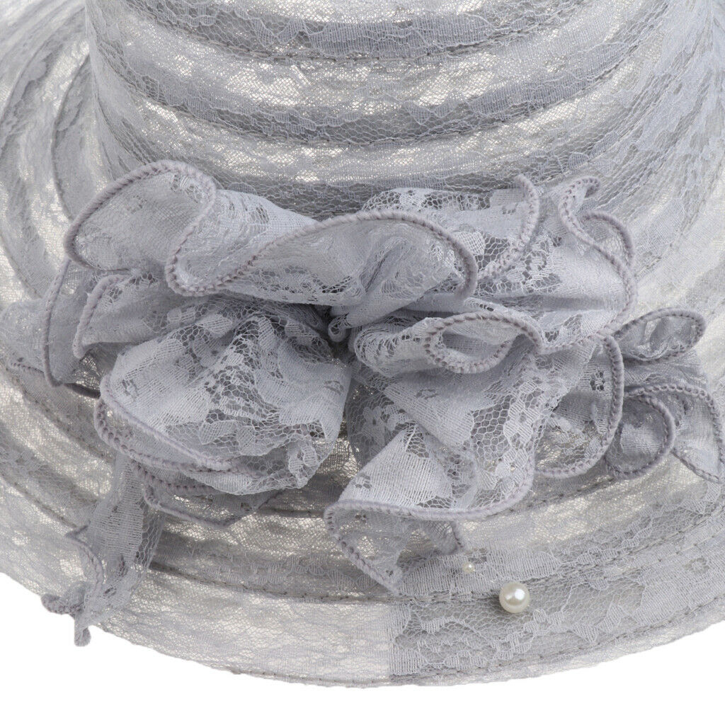 Fashion Women Elegant Lace Flower Derby Sun Hat Party Wedding   gray