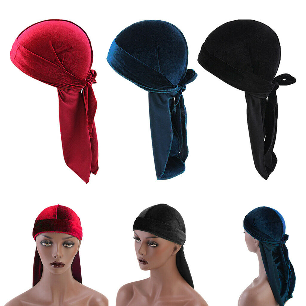 3x Mens Elegant Velvet Bandana Hat Durag Long Tail Muslim Headwrap Beanie