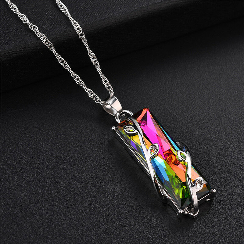 Rainbow Crystal Rhinestone Charm Pendant Long Chain Necklace Bridal Jewelry  Gy