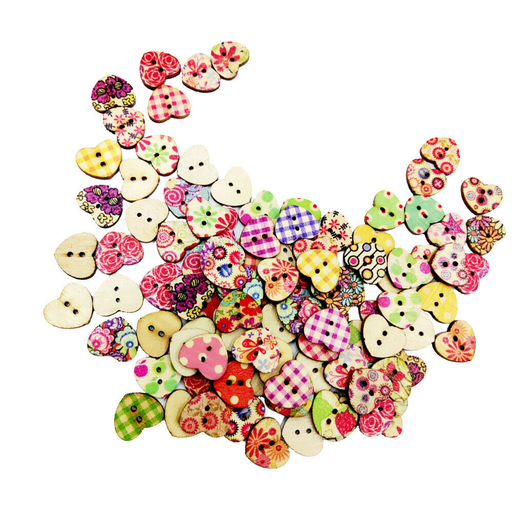 100 Mixed Wooden Heart Buttons For Sewing Crafting DIY Scrapbooking Flatback