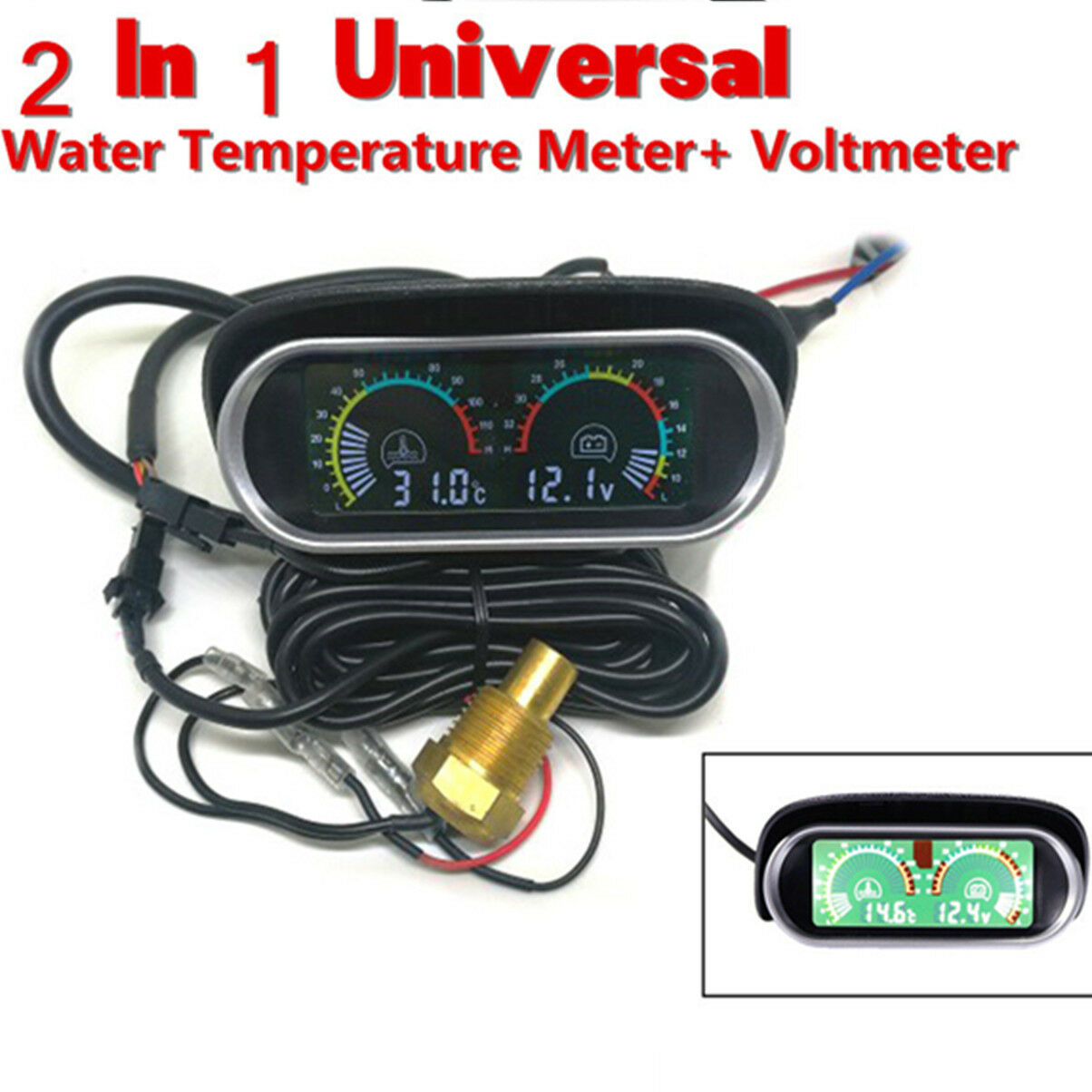 Car LCD 2 in 1 Car Truck Water Temperature Gauge Meter Voltmeter Voltage Gauge