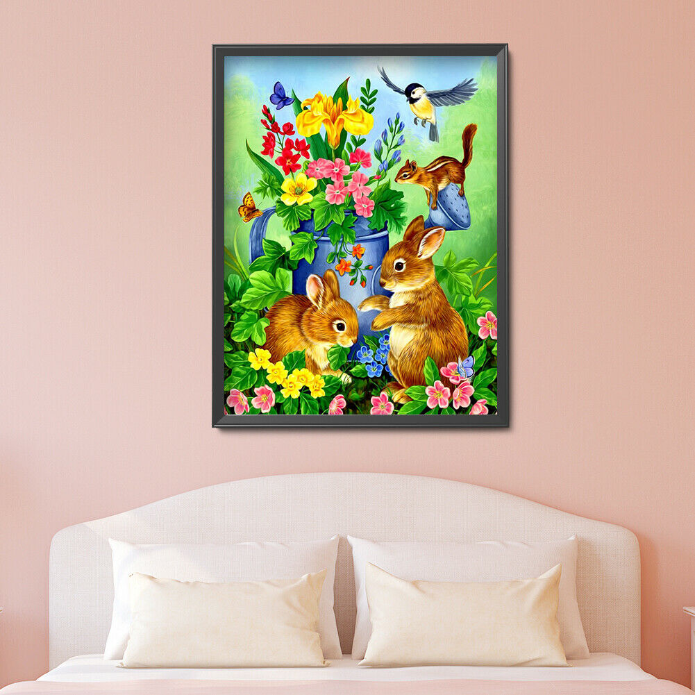 5D DIY Diamond Painting Flower and Rabbit Full Round Drill Picture Handicraft