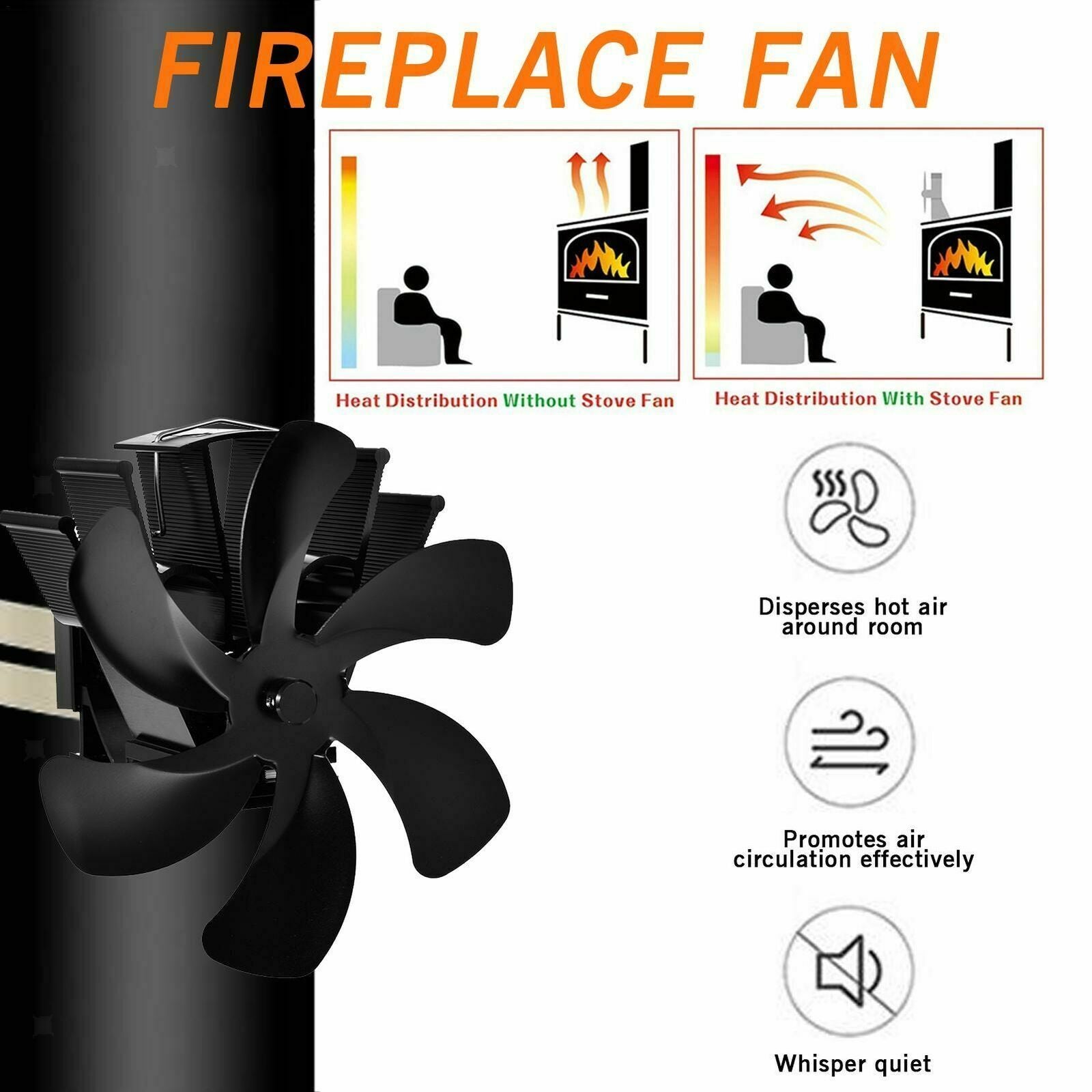 6 Blade Fireplace Fan Heat Powered Stove Fan for Wood/Log Burner/Fireplace
