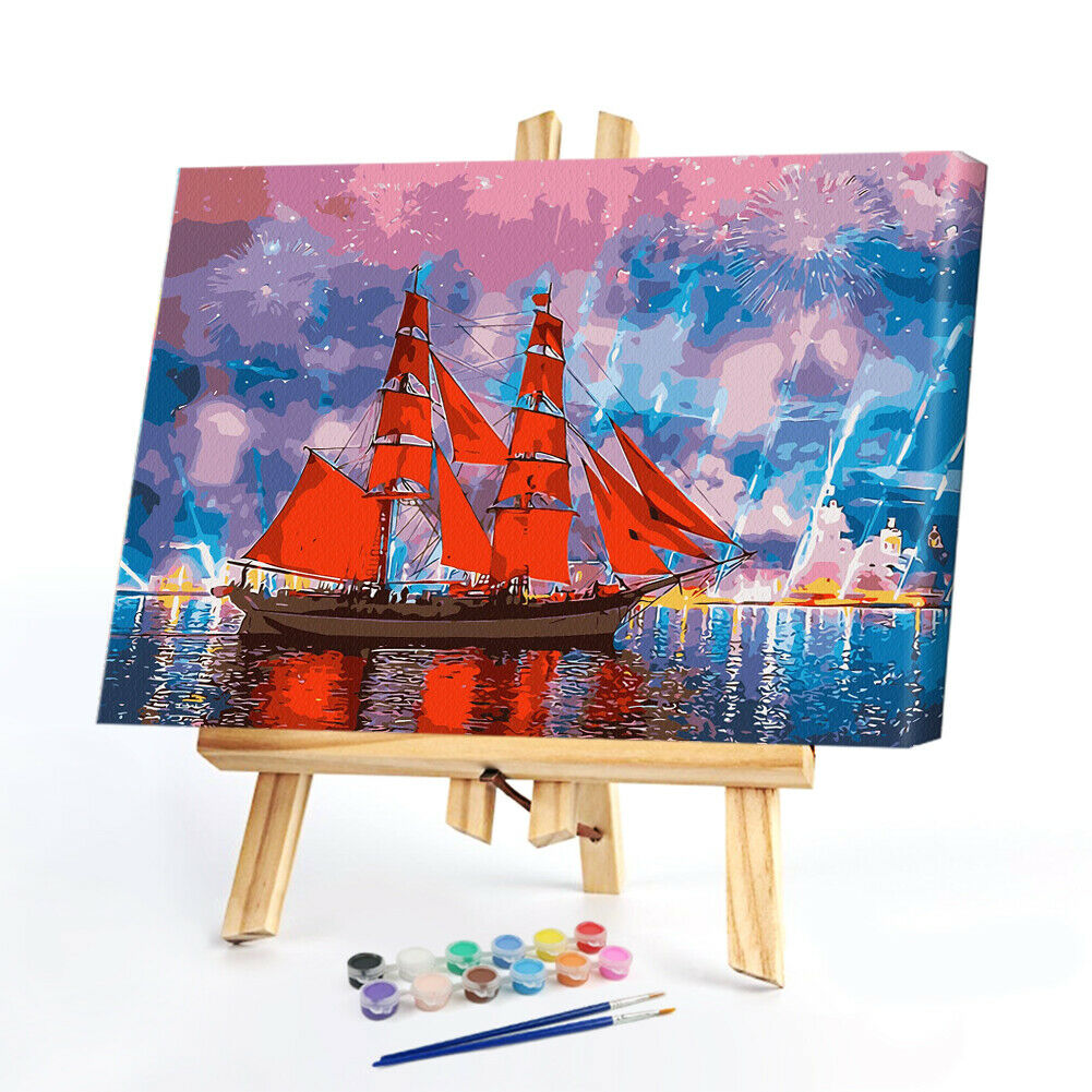 Oil Painting By Numbers Kit DIY Red Sailboat Hand Painted Digital Canvas @