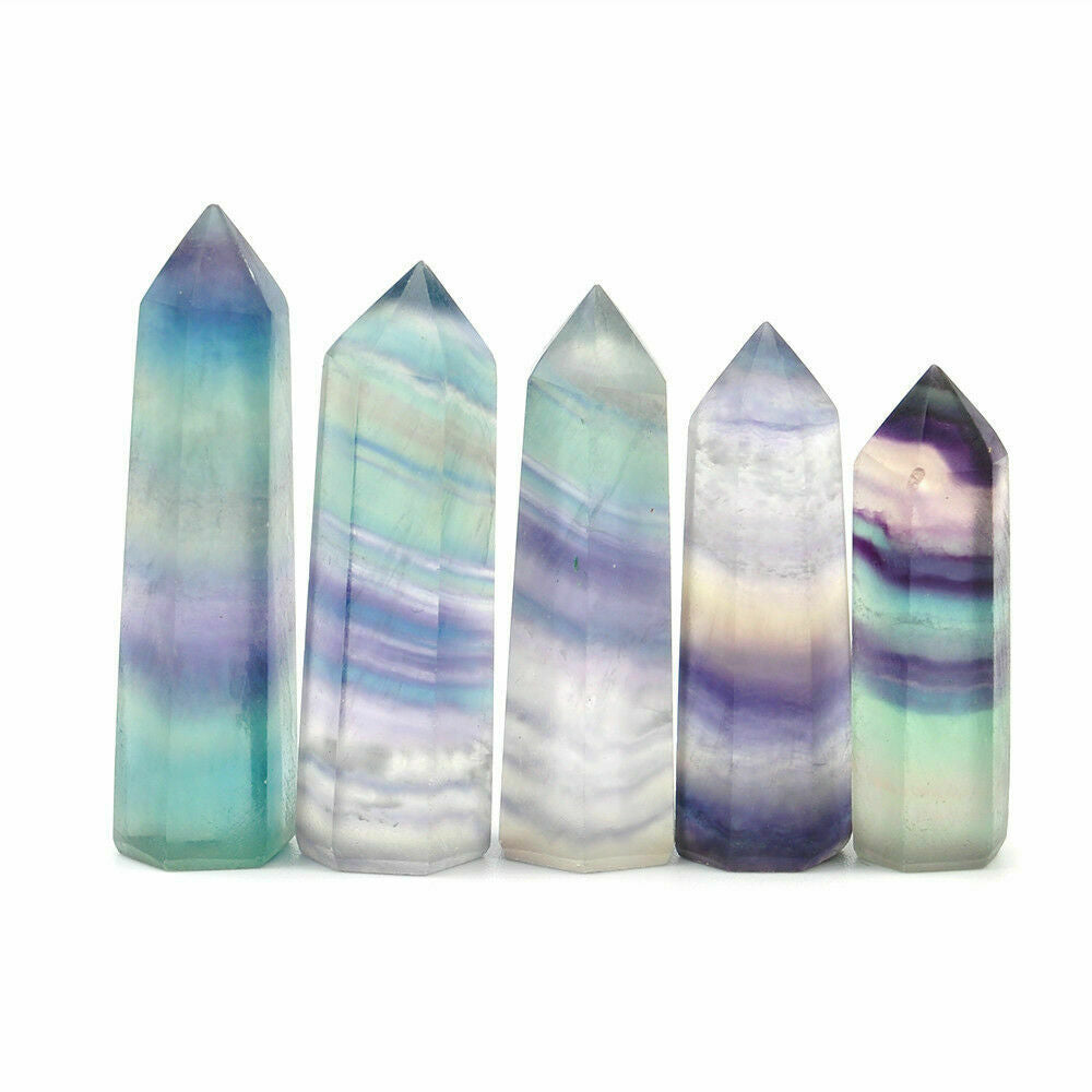 US 100% Natural Rainbow Fluorite Quartz Crystal Wand Point Healing Stone 50~60MM