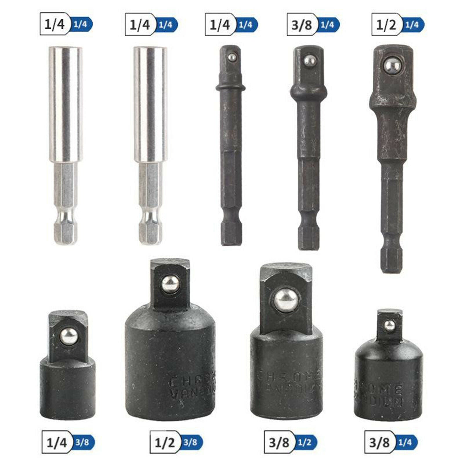 9-pack Hex Drill Socket Converter Reducer Power Extension Bit Kit Impact