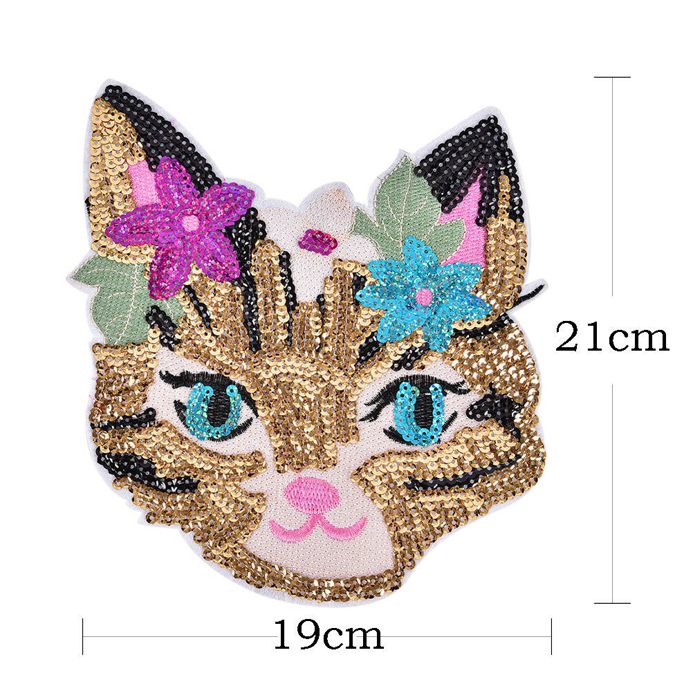 Cat Sequined Embroidered Sew On Patches for clothes DIY Coat Sweater Appli.l8