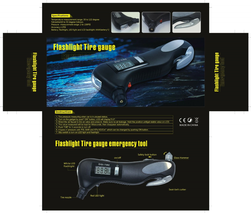 Tire Air Pressure Gauge Digital Display Tester Flashlight Window Breaker Cutter