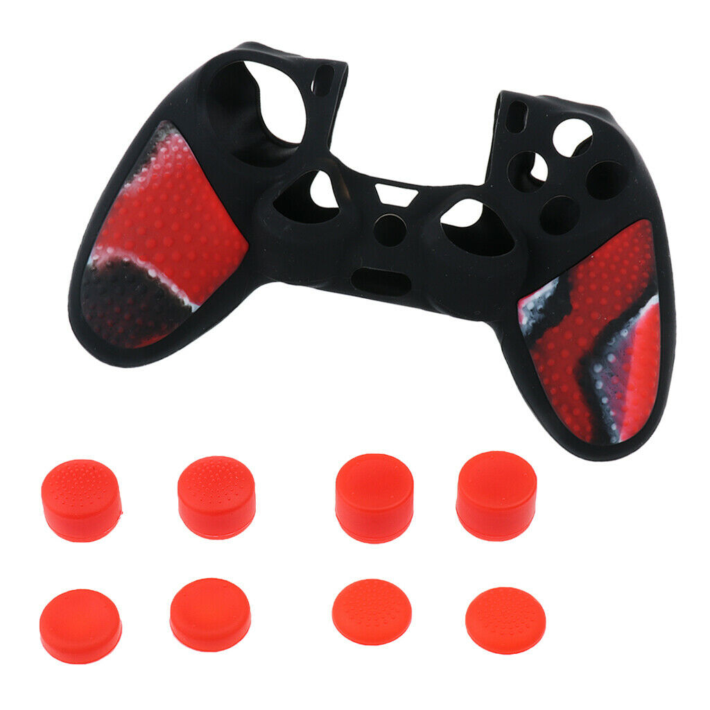 Studded Anti-slip Silicone Case + Thumbstick Caps for PS4 Controller  Red