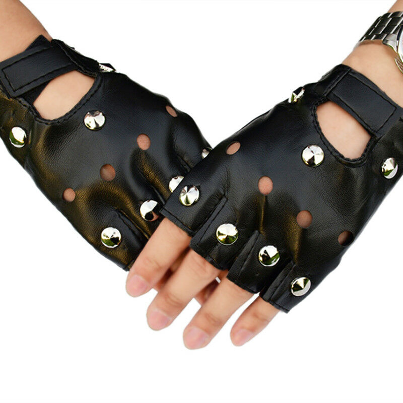 Leather Fingerless Short Gloves Black Rivets Stud Half Finger Mittens Fashion Ad