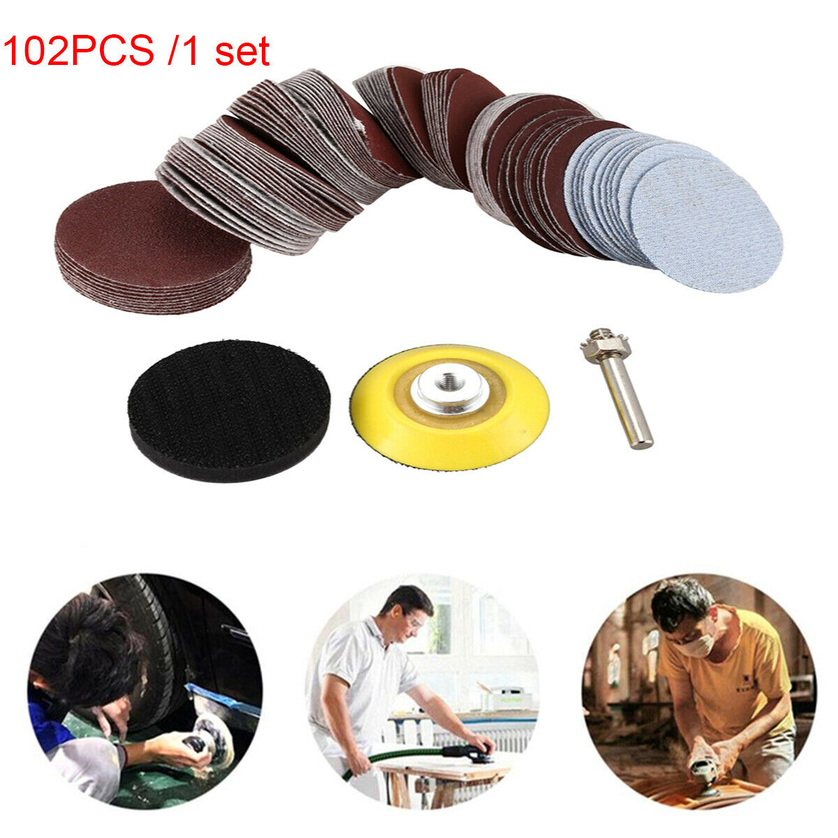 100x 2'' Sand Disc Sandpaper Hook and Loop Sander + Backing Plate + M6 Drill Bit