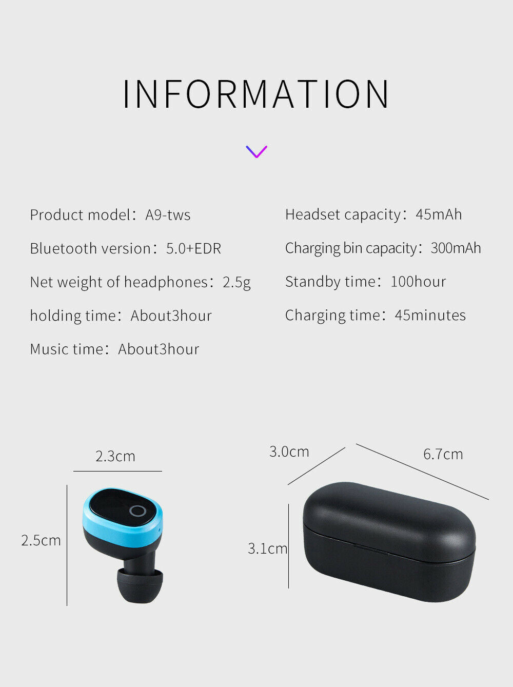 1x A9 Wireless Bluetooth Headset 5.0 TWS Binaural Stereo in-ear IPX-5 Waterproof
