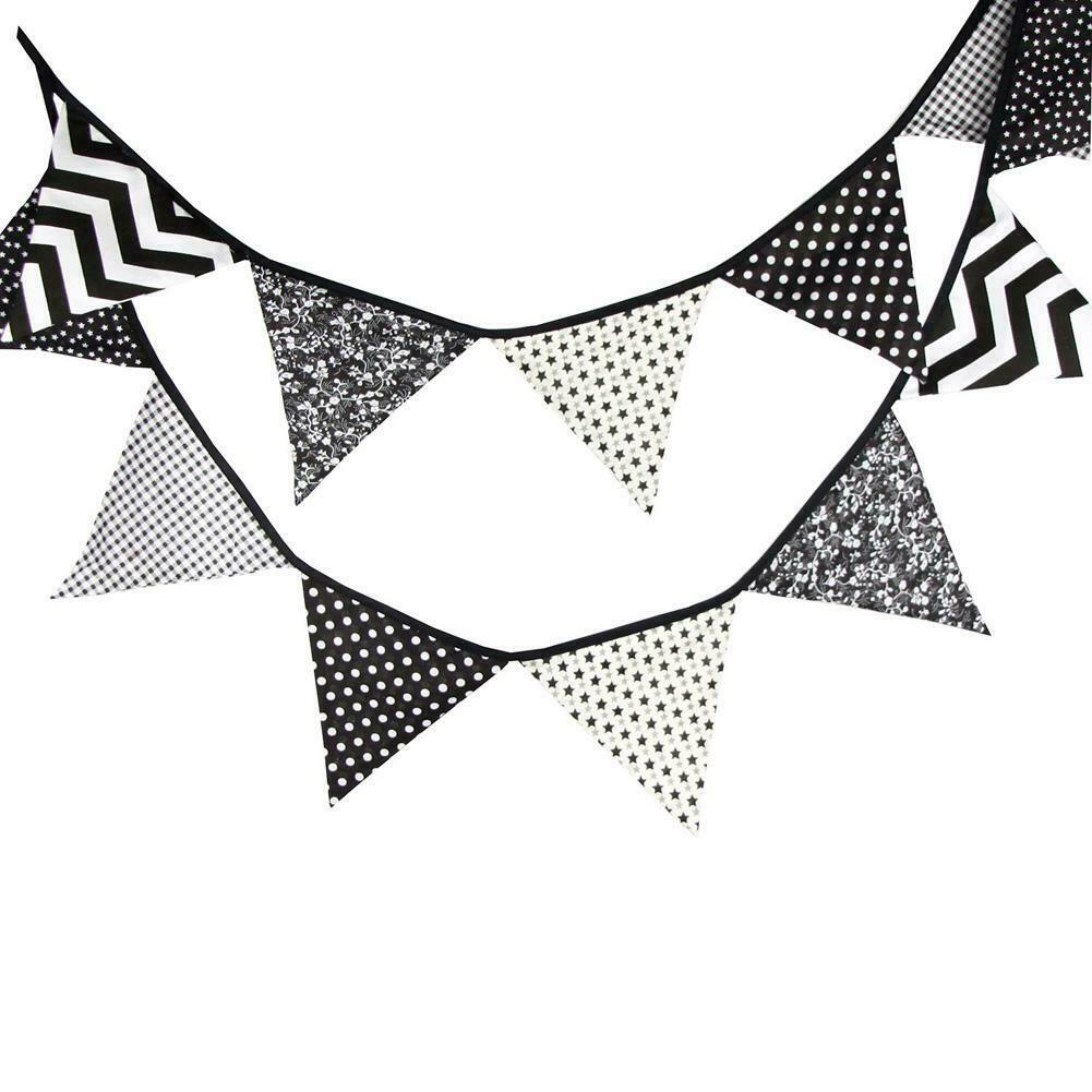 12 Flags 3.2m Black White Cotton Party Wedding Pennant Bunting Banner Decor @