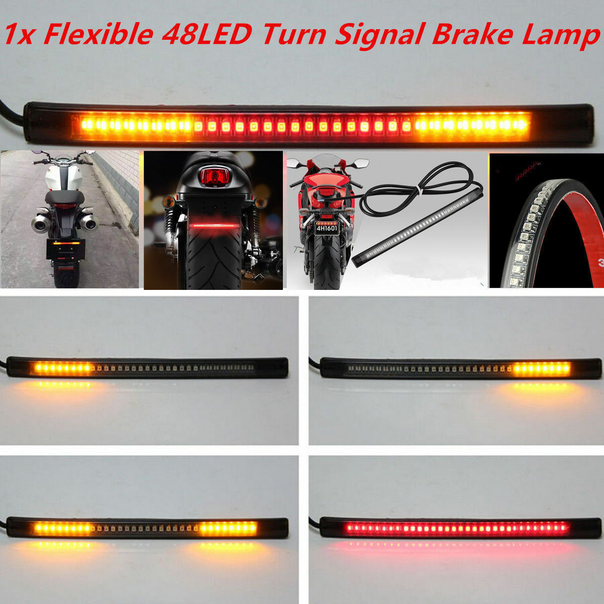 Flexible 48 SMD LED Stop Signal Motorcycle Tail Car Bar Light Strip Brake Lights