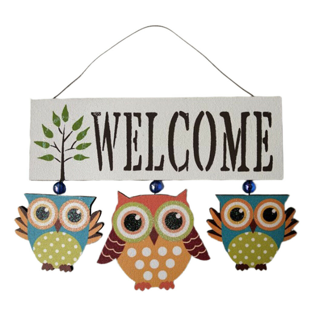 2pcs/set Wood Owl Welcome Signs Hanging Plaque Notice for Home Garden Bar
