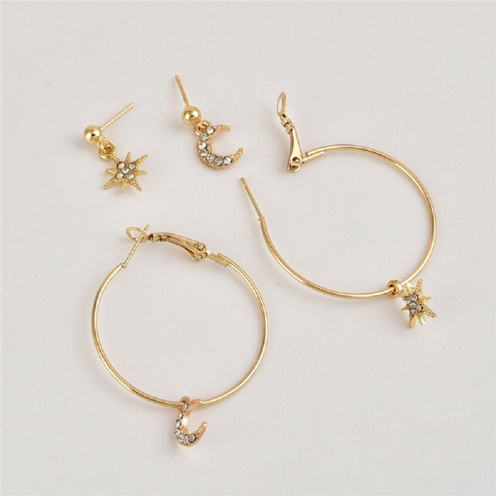 4PC Bohemian Large Circle Earrings Ear Clip Crystal Moon Star Stud Jewelry Kits
