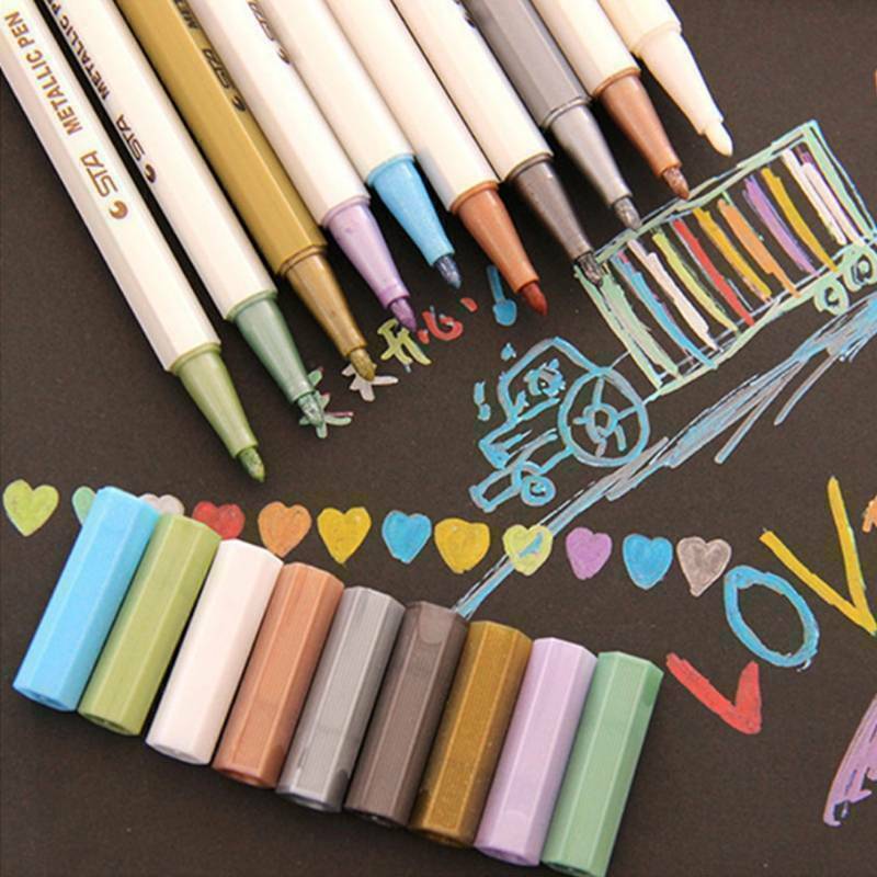 10 Colors Metallic Paint Markers Glitter Paint Pen Calligraphy Brush Pens Set