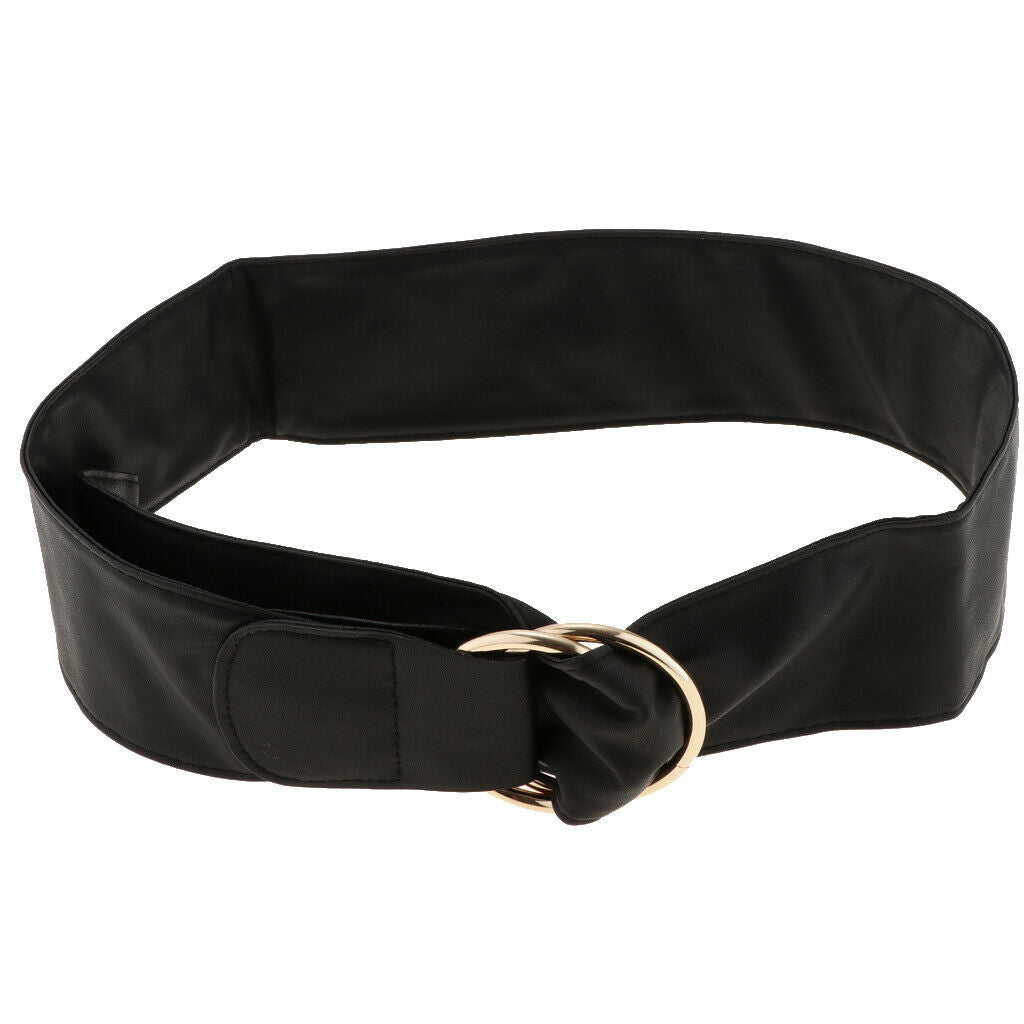 Women Girdle Double Round Buckle Waistband Retro PU Leather Belly Belt Black