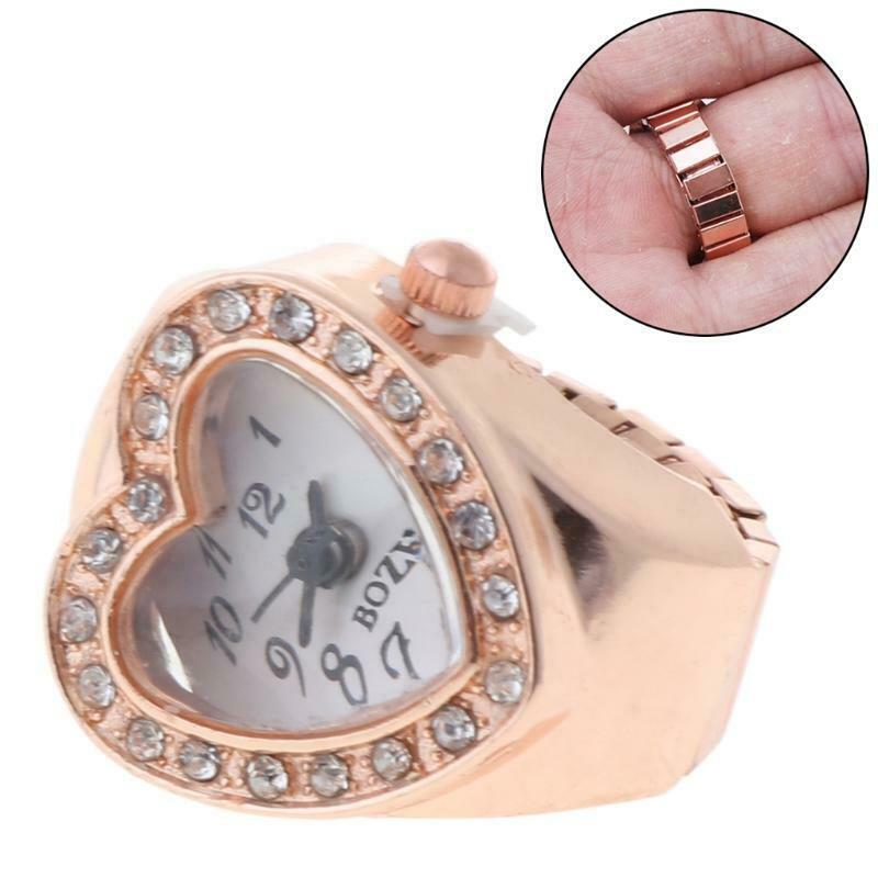 Copper Tone Heart Shape Housing Elastic Band Finger Ring Watch For Women