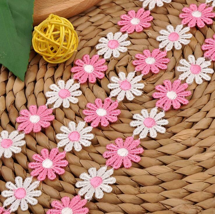 5 Yards Pink White Flower Embroidered lace Trim clothing Appliques Sewing 2.5cm