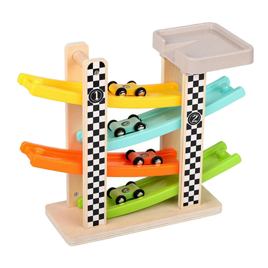 Montessori Wooden Gliding Tracks with 4 Cars Toys Playset for Children Gift