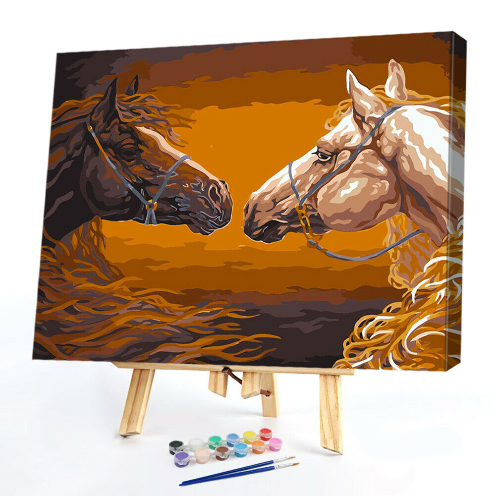 Painting By Numbers Kit DIY Two Horses Hand Painted Canvas Oil Art Picture @