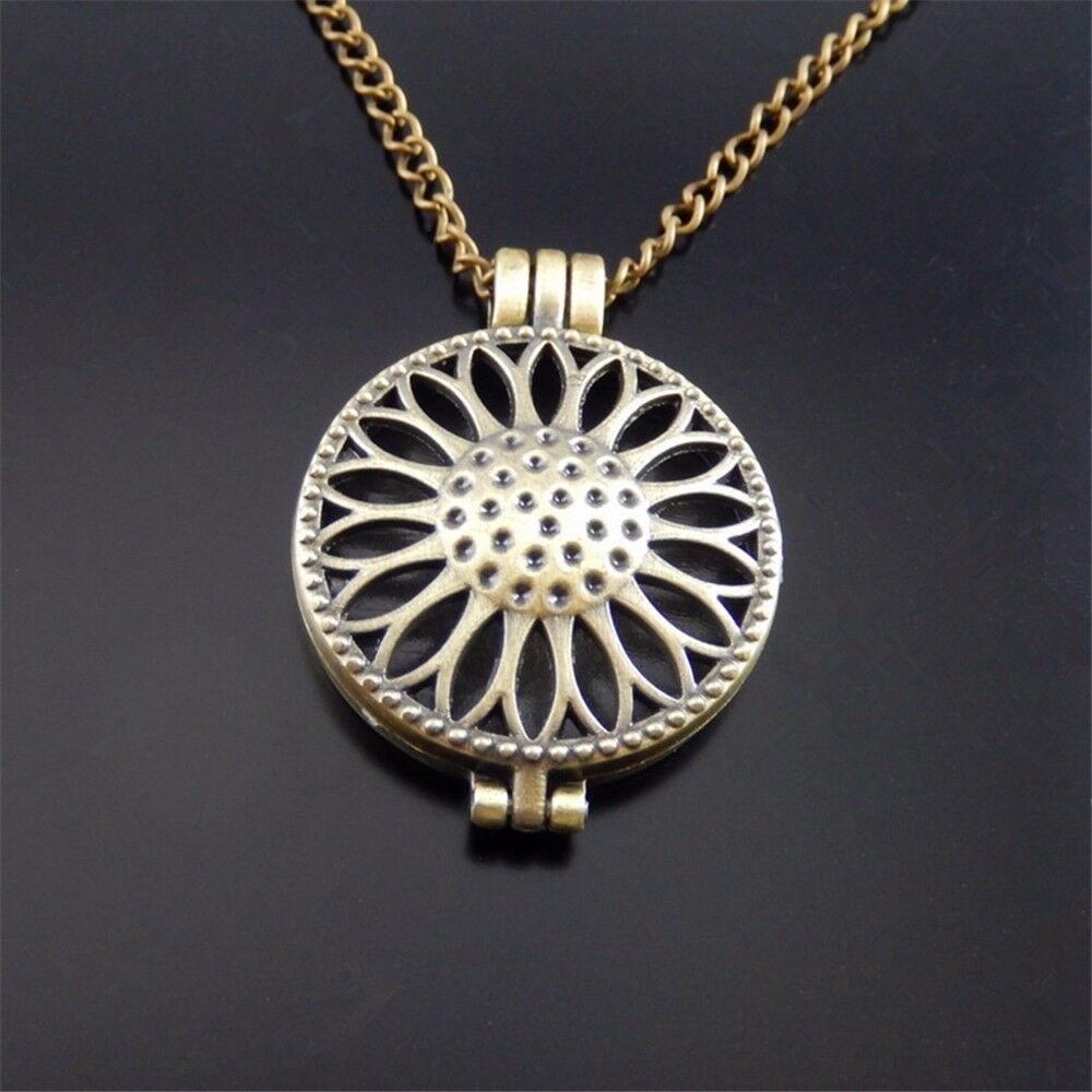 1pcs Sunflowers Hollowed Lockets Bronze Alloy Necklace Pendants Oil Diffuser