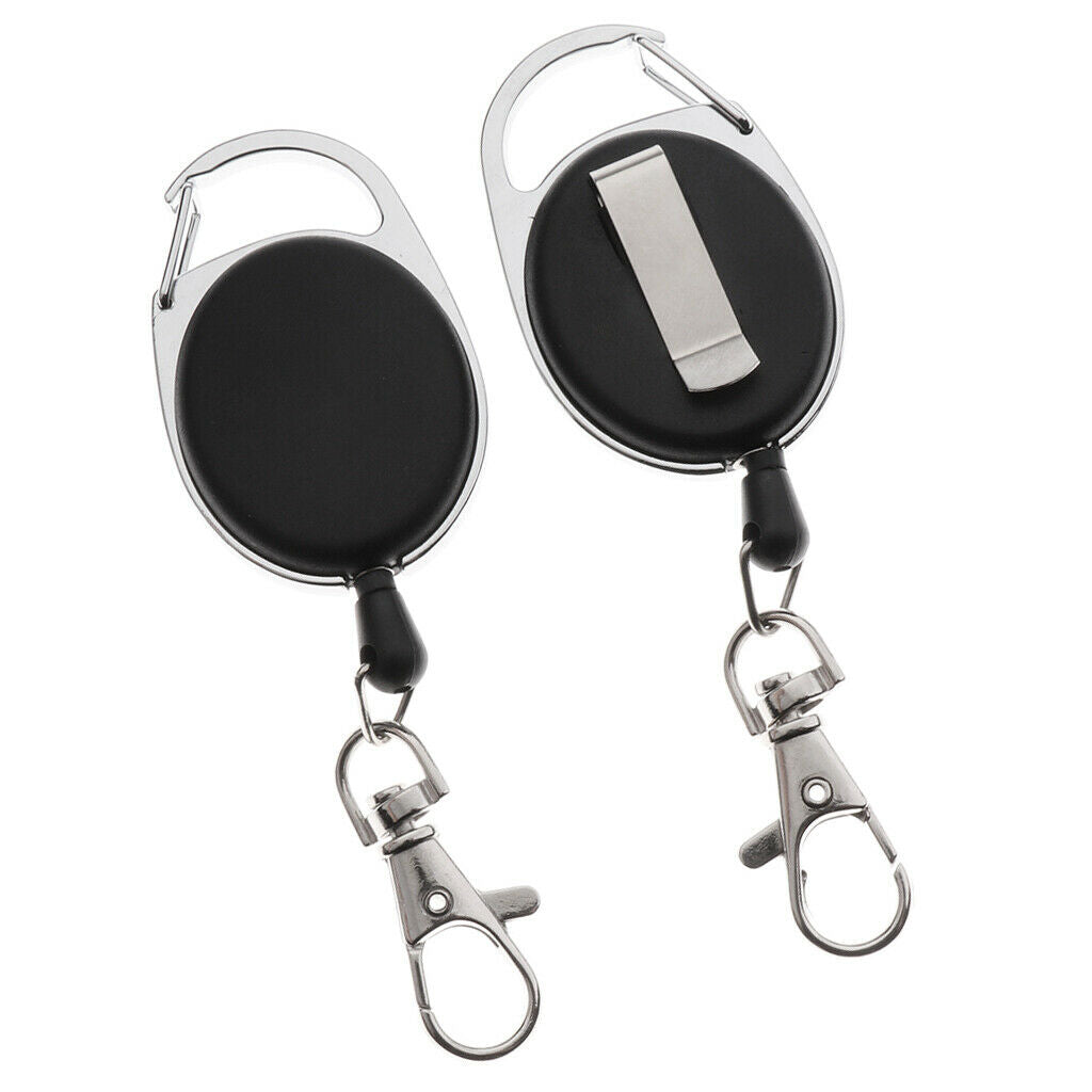 2x Black Retractable Key Reel - Recoil Cord Key Ring Pull Chain Belt Clip