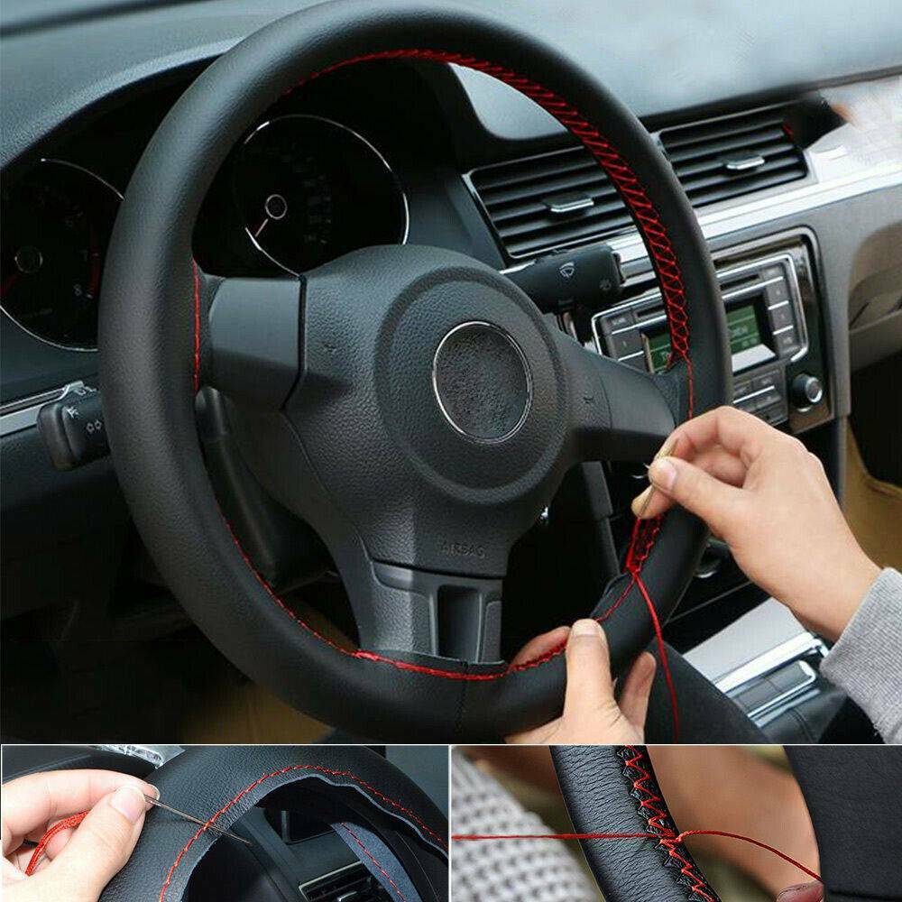 Car Black Red 38cm DIY PU Leather Auto Steering Wheel Cover With Needles&Thread