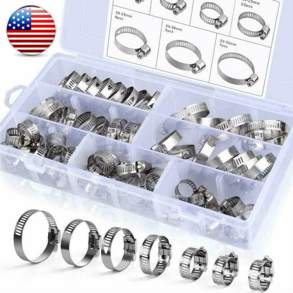 60Pcs 8-38mm 304 Stainless Steel Hose Clamps Clips Clamp Assortment Kit for